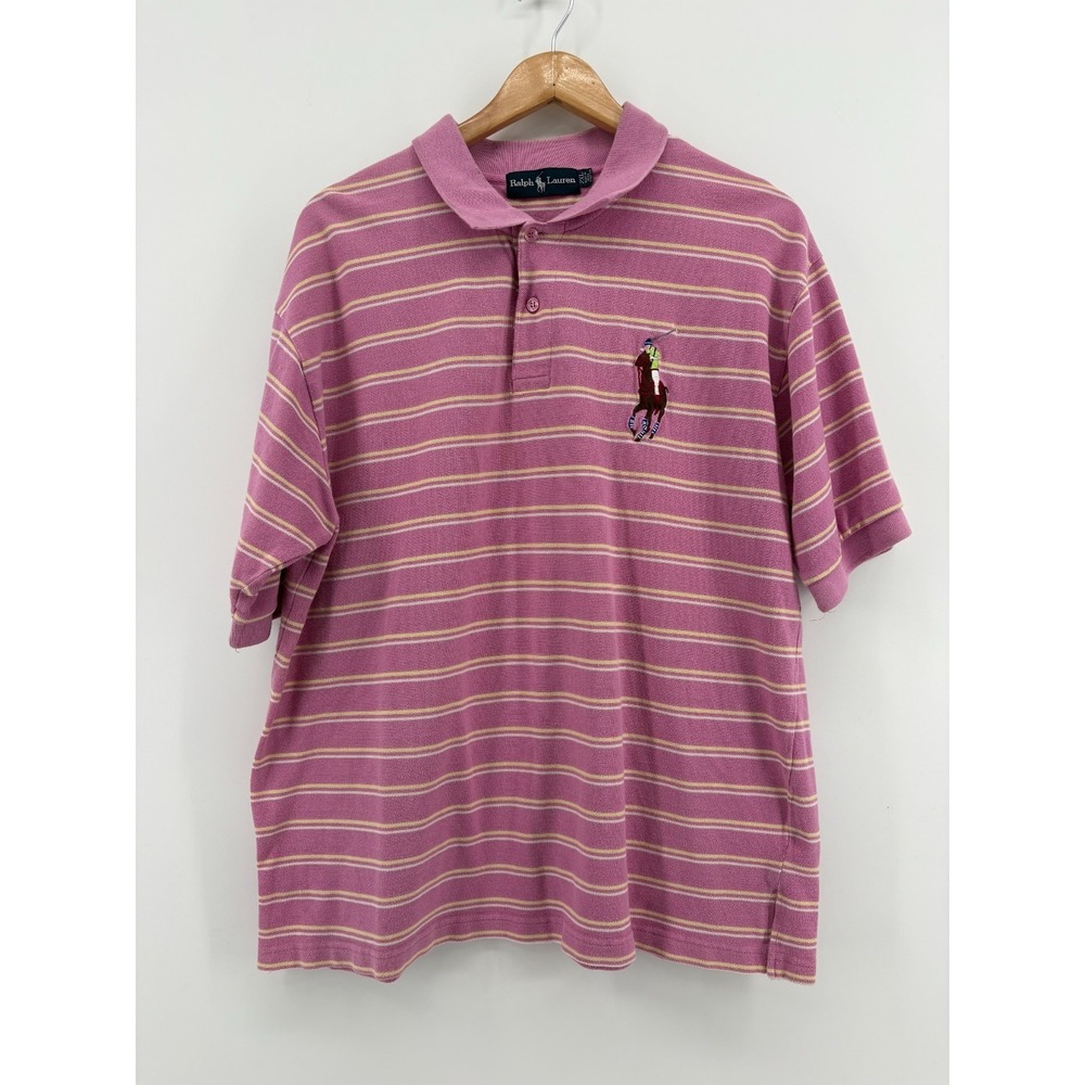 Ralph Lauren Polo Shirt Mens Pink Striped Embroidered Logo Short Sleeve 2XL
